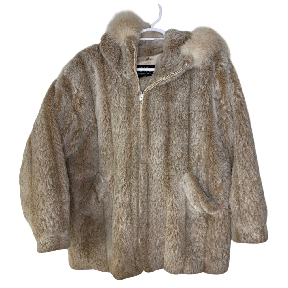 Vintage Olympia Limited Inc Women XXL Faux Fur Hood Jacket Tan Beige Teddy Bear